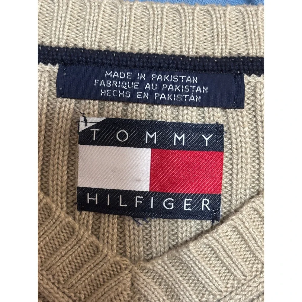 Tommy Hilfiger Mens‎ V-Neck Ribbed Knit Cotton Sweater Tan Beige Logo XL